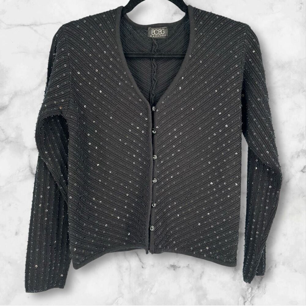 Vintage BCBG‎ Maxazria Women's Knit Sequin Beaded Cardigan Sweater Black Small